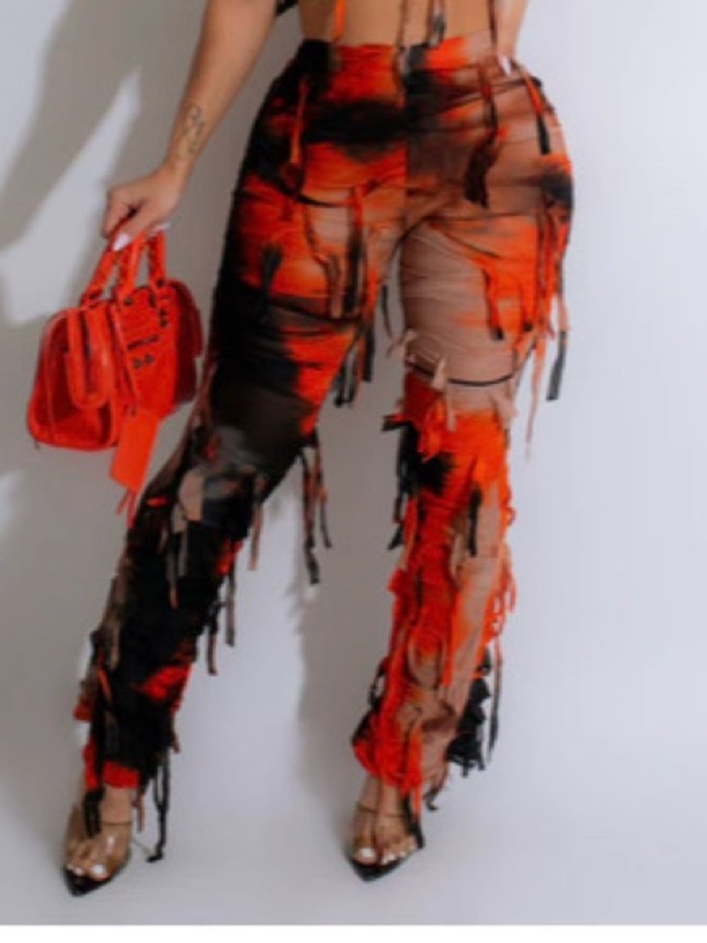 Fashion Nova Orange and Black Distressed Wide Leg Pants
